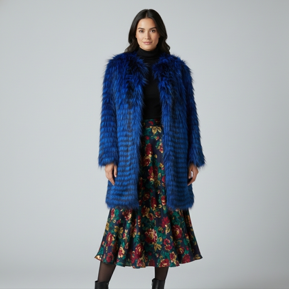 Paolo Moretti Blue Black Fox Fur Jacket 3/4 Sleeve Size 48